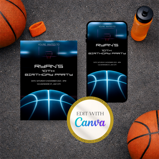 Basketball Birthday Party Invitation | Modern Sports Invite | Editable Canva Template for Basketball Fans