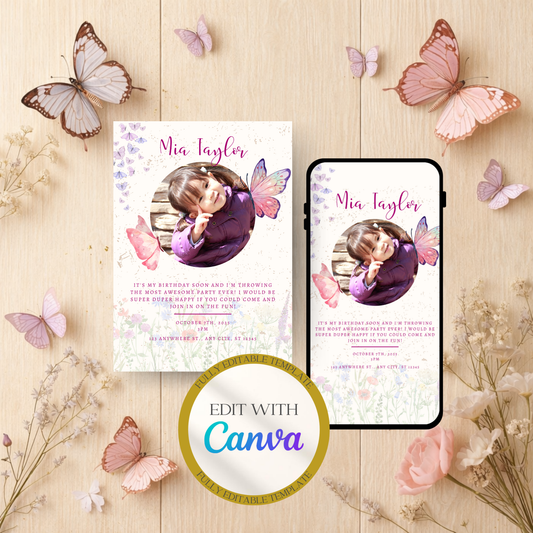 Butterfly Birthday Invitation | Girl Butterfly Party Invite | Editable Photo Birthday Invitation | Mobile Invitation | Animated Invitation