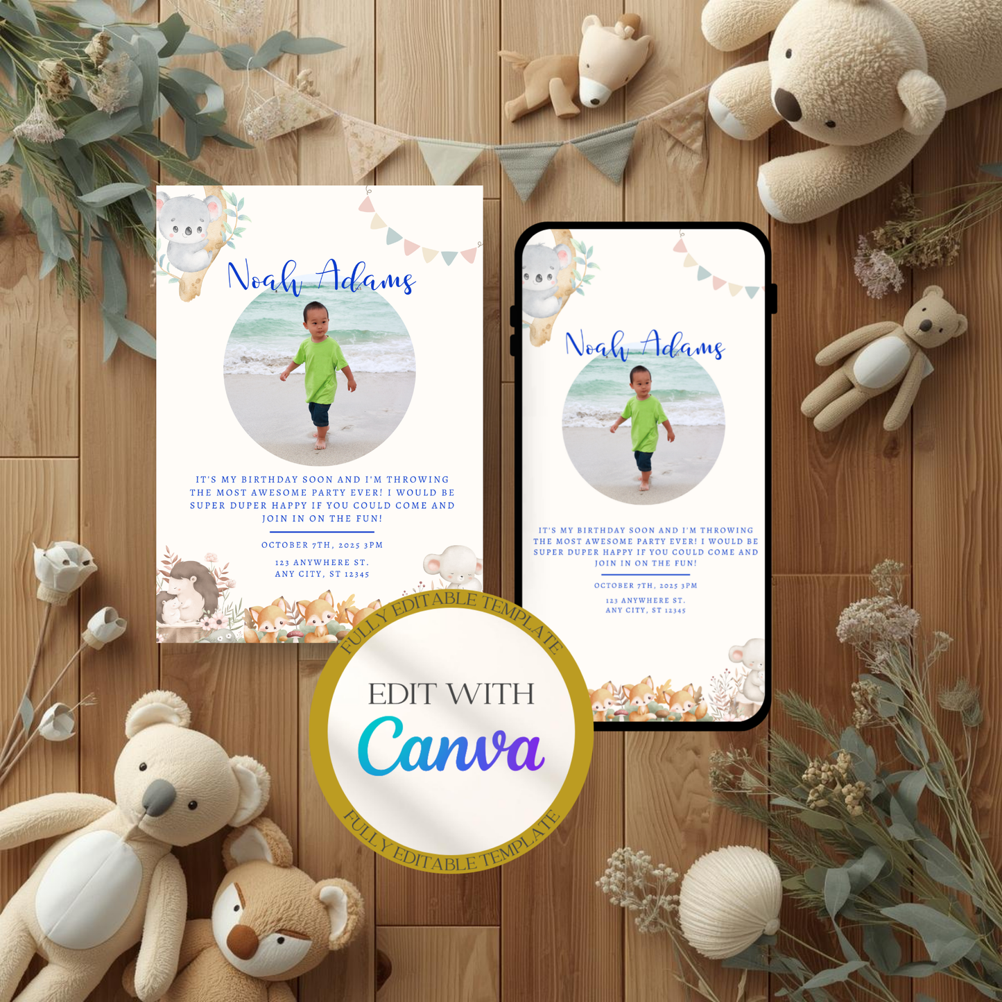 Woodland Birthday Invitation | Baby Boy Birthday Invite | Editable Photo Invitation | Cute Animal Birthday | Mobile & Animated Invitation