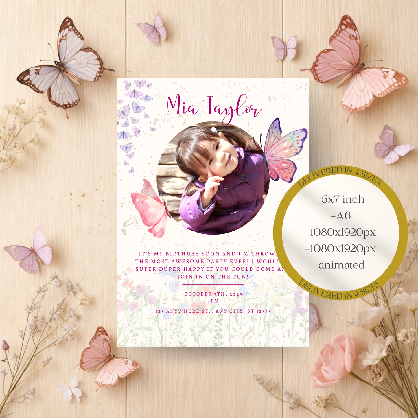 Butterfly Birthday Invitation | Girl Butterfly Party Invite | Editable Photo Birthday Invitation | Mobile Invitation | Animated Invitation