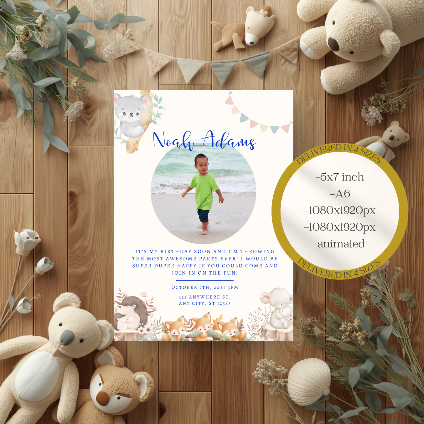 Woodland Birthday Invitation | Baby Boy Birthday Invite | Editable Photo Invitation | Cute Animal Birthday | Mobile & Animated Invitation