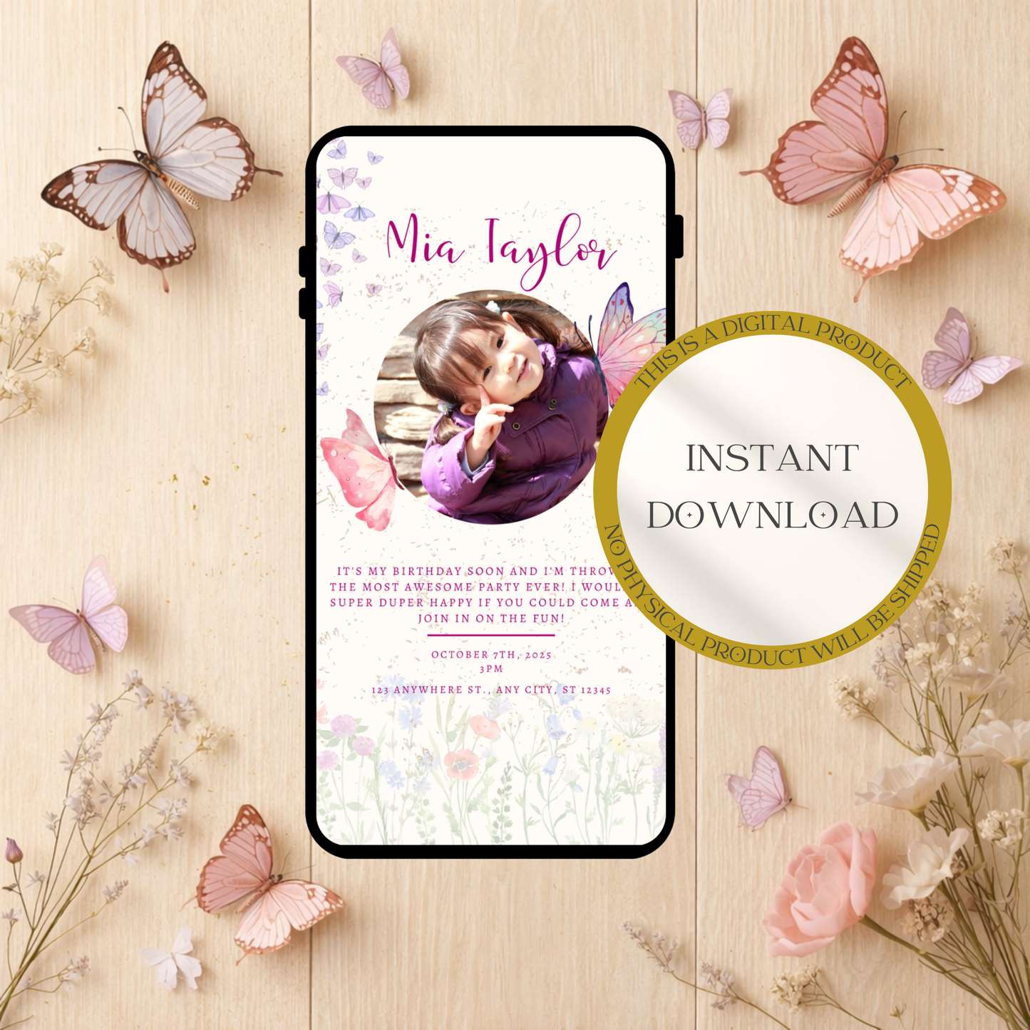 Butterfly Birthday Invitation | Girl Butterfly Party Invite | Editable Photo Birthday Invitation | Mobile Invitation | Animated Invitation