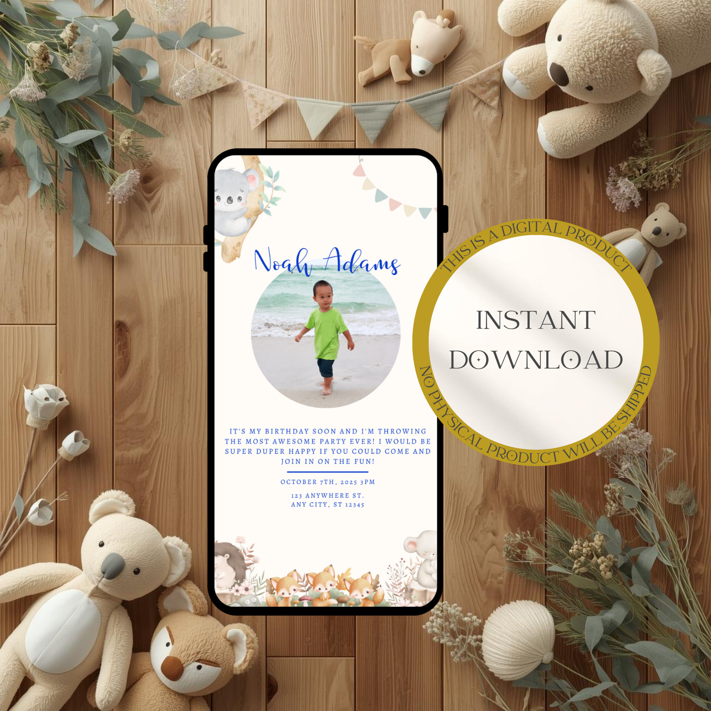 Woodland Birthday Invitation | Baby Boy Birthday Invite | Editable Photo Invitation | Cute Animal Birthday | Mobile & Animated Invitation
