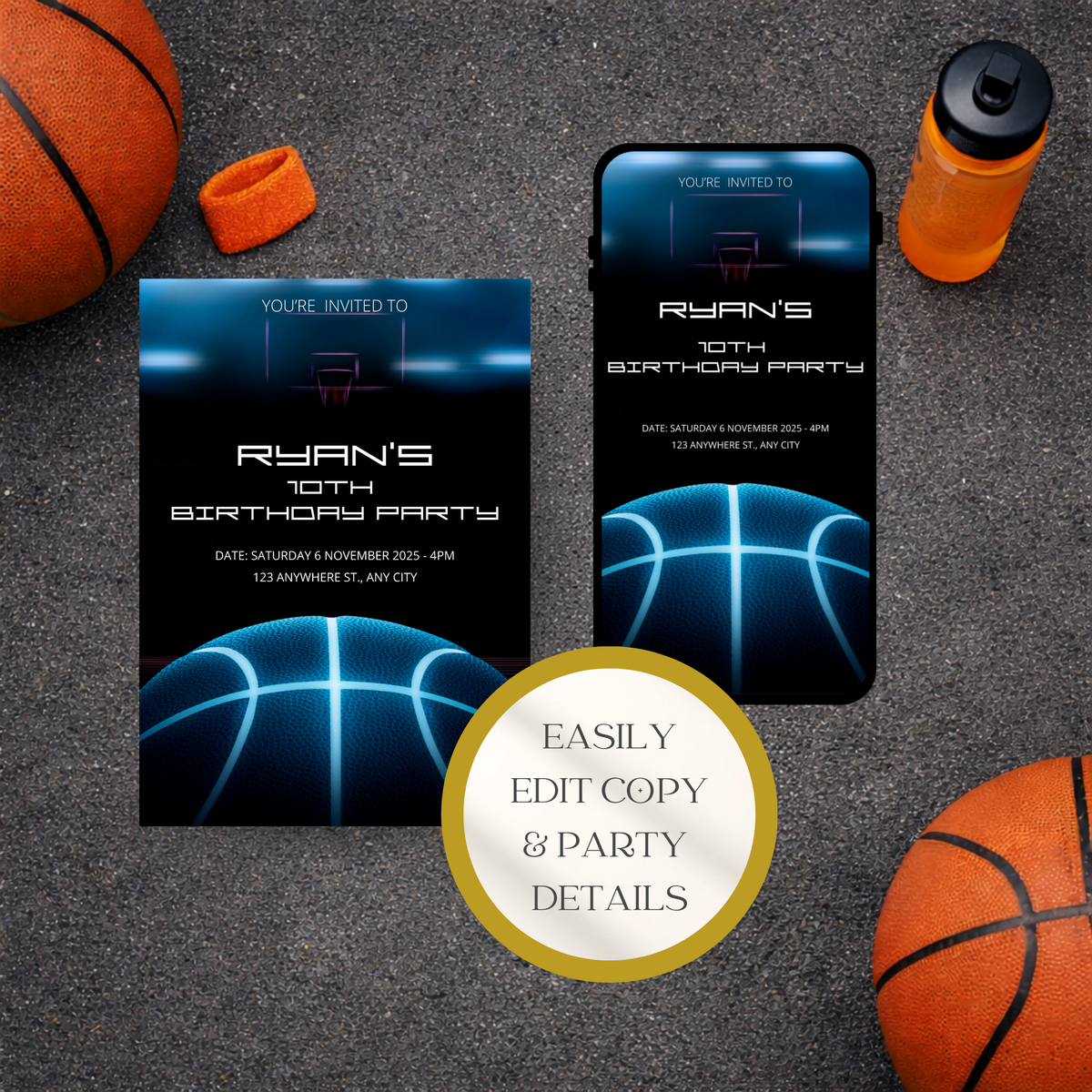 Basketball Birthday Party Invitation | Modern Sports Invite | Editable Canva Template for Basketball Fans