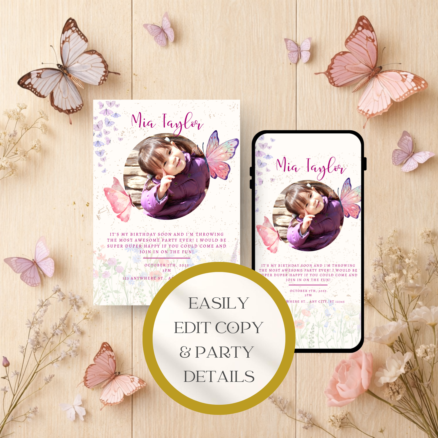 Butterfly Birthday Invitation | Girl Butterfly Party Invite | Editable Photo Birthday Invitation | Mobile Invitation | Animated Invitation