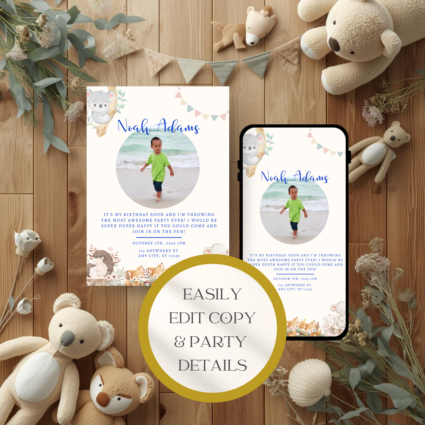 Woodland Birthday Invitation | Baby Boy Birthday Invite | Editable Photo Invitation | Cute Animal Birthday | Mobile & Animated Invitation