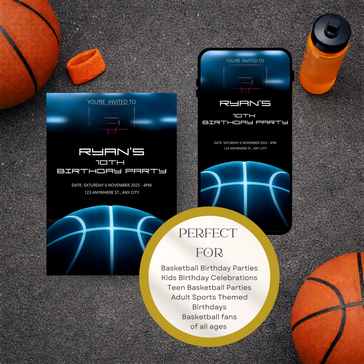 Basketball Birthday Party Invitation | Modern Sports Invite | Editable Canva Template for Basketball Fans