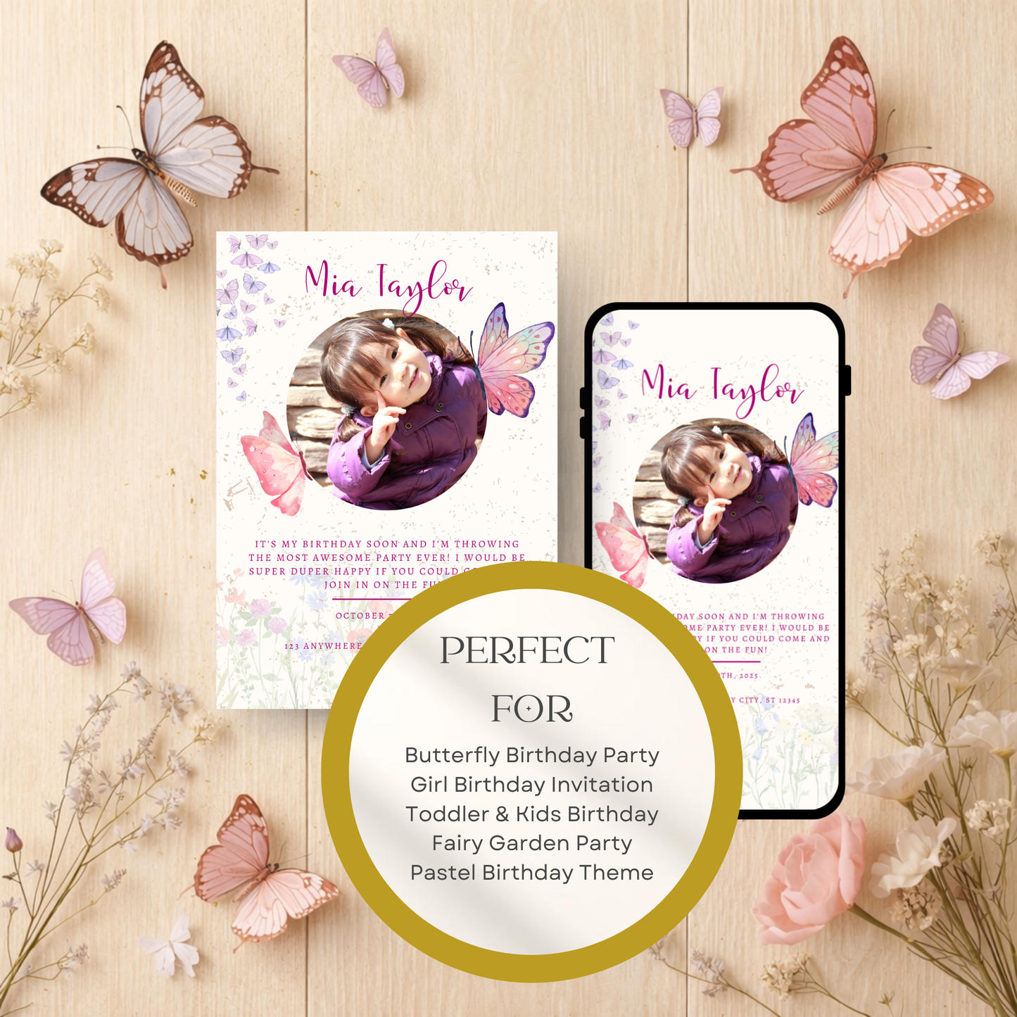 Butterfly Birthday Invitation | Girl Butterfly Party Invite | Editable Photo Birthday Invitation | Mobile Invitation | Animated Invitation