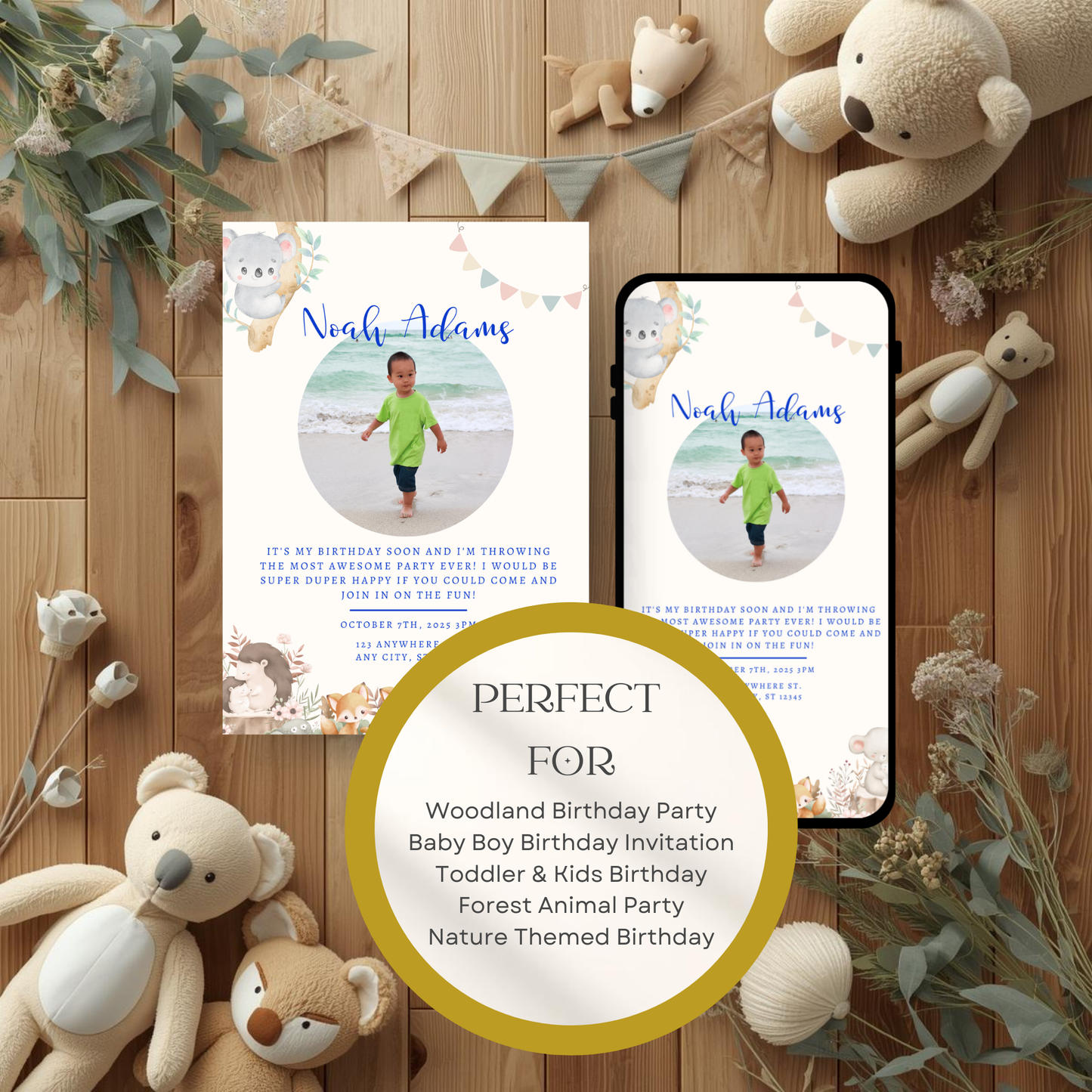 Woodland Birthday Invitation | Baby Boy Birthday Invite | Editable Photo Invitation | Cute Animal Birthday | Mobile & Animated Invitation